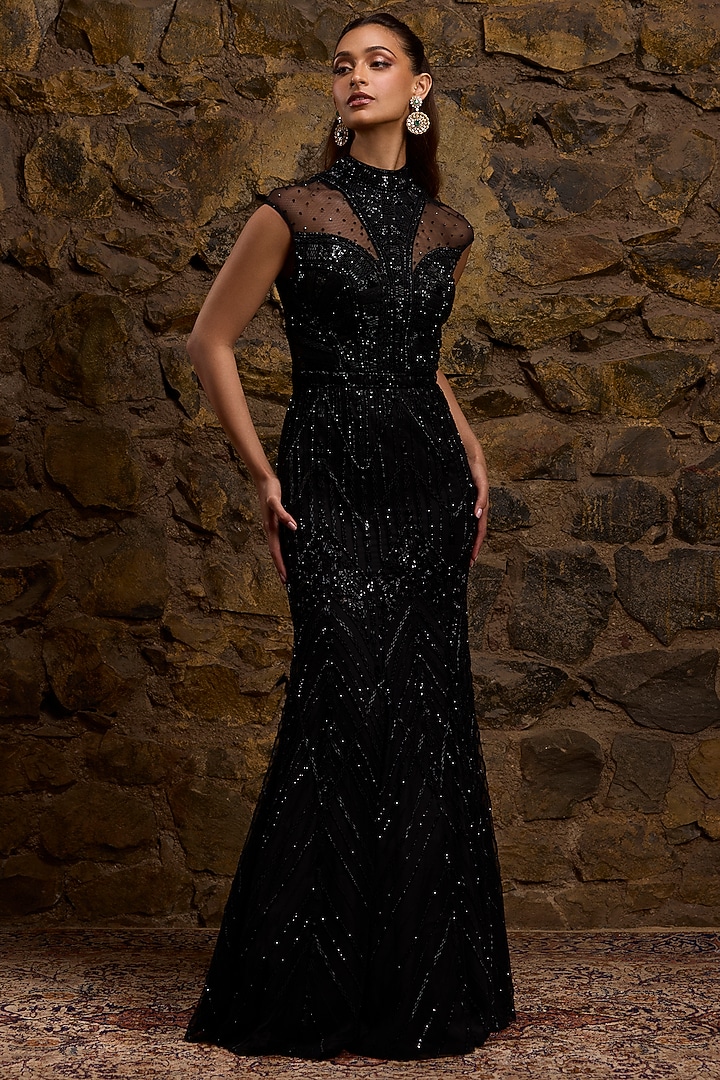 Black Net Hand Embroidered Bridal Gown by Naibah at Pernia's Pop Up Shop