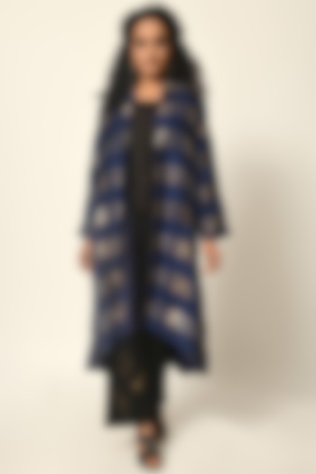 Navy Blue Silk Woven Jacket by Naina Arunima at Pernia's Pop Up Shop