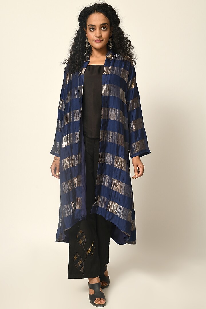 Navy Blue Silk Woven Jacket by Naina Arunima at Pernia's Pop Up Shop