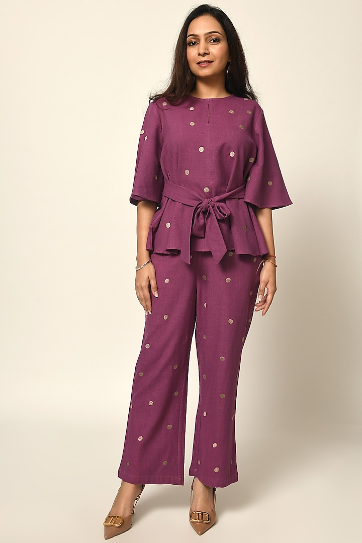 Wine Cotton Embroidered Co-Ord Set by Naina Arunima
