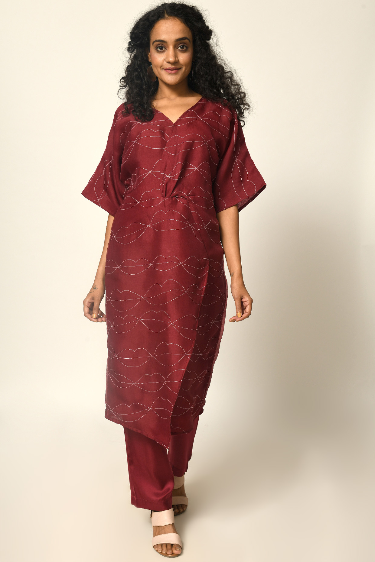 Red Silk Embroidered Co-Ord Set by Naina Arunima at Pernia's Pop Up Shop