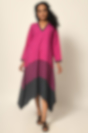 Fuchsia Ribbon Cotton Color Blocked Dress by Naina Arunima