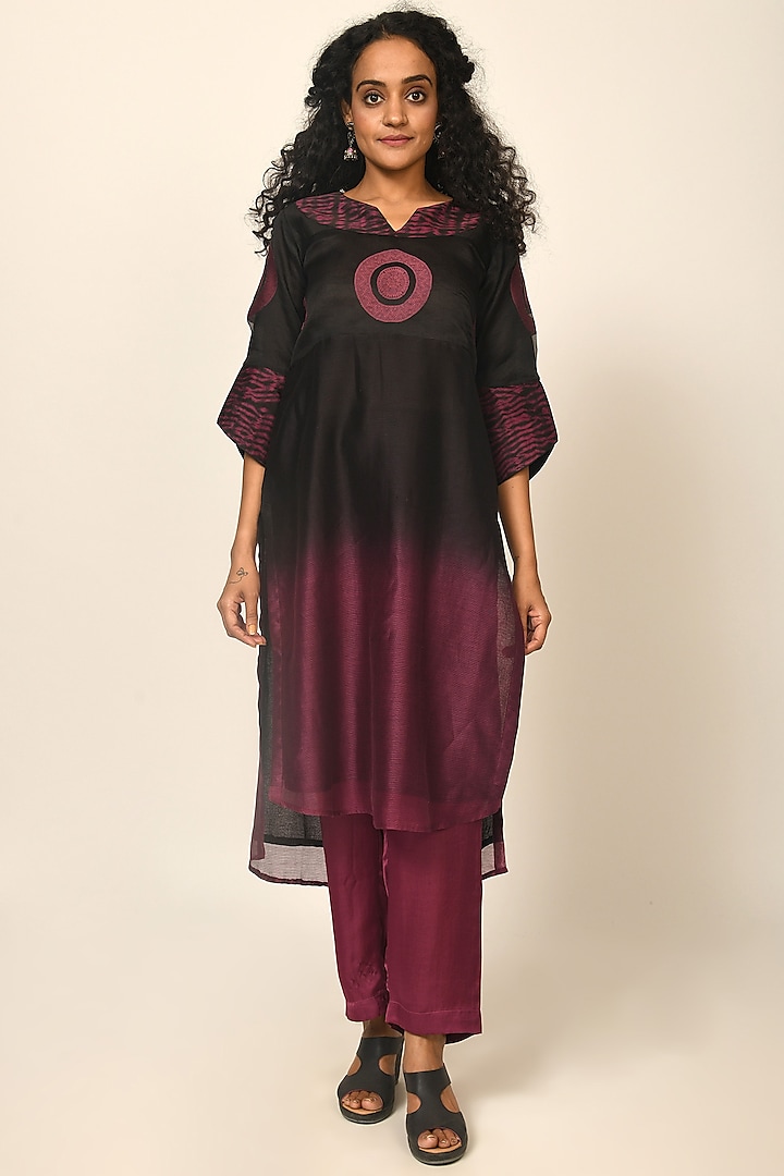 Black & Maroon Ombre Pure Silk Woven Kurta Set by Naina Arunima