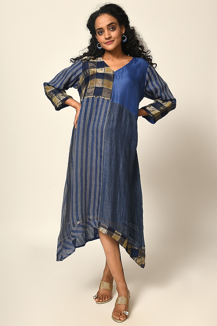 Indigo & Gold Pure Silk Woven Dress by Naina Arunima