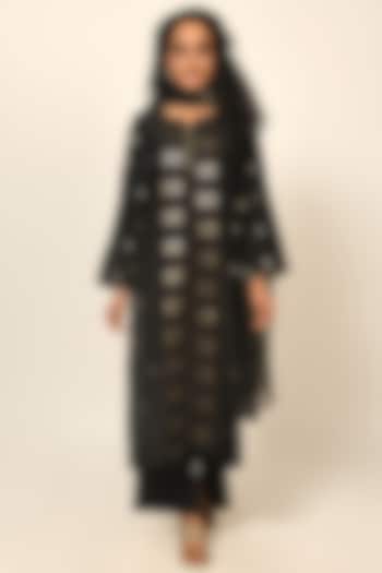 Black Pure Silk Woven Kurta Set by Naina Arunima