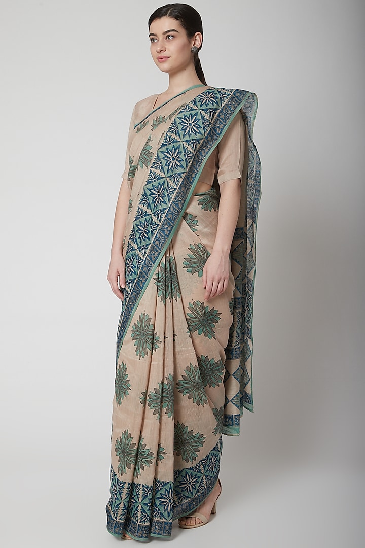 Ecru & Petrol Blue Silk Linen Floral Hand Block Printed Saree by NAINA ARUNIMA