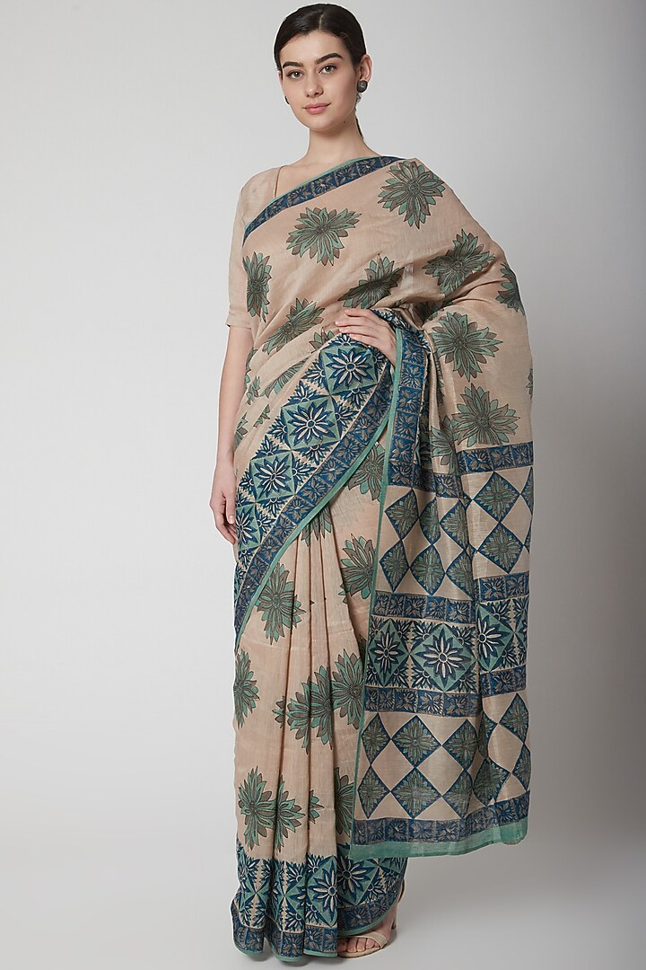Ecru & Petrol Blue Silk Linen Floral Hand Block Printed Festive Saree by NAINA ARUNIMA at Pernia's Pop Up Shop