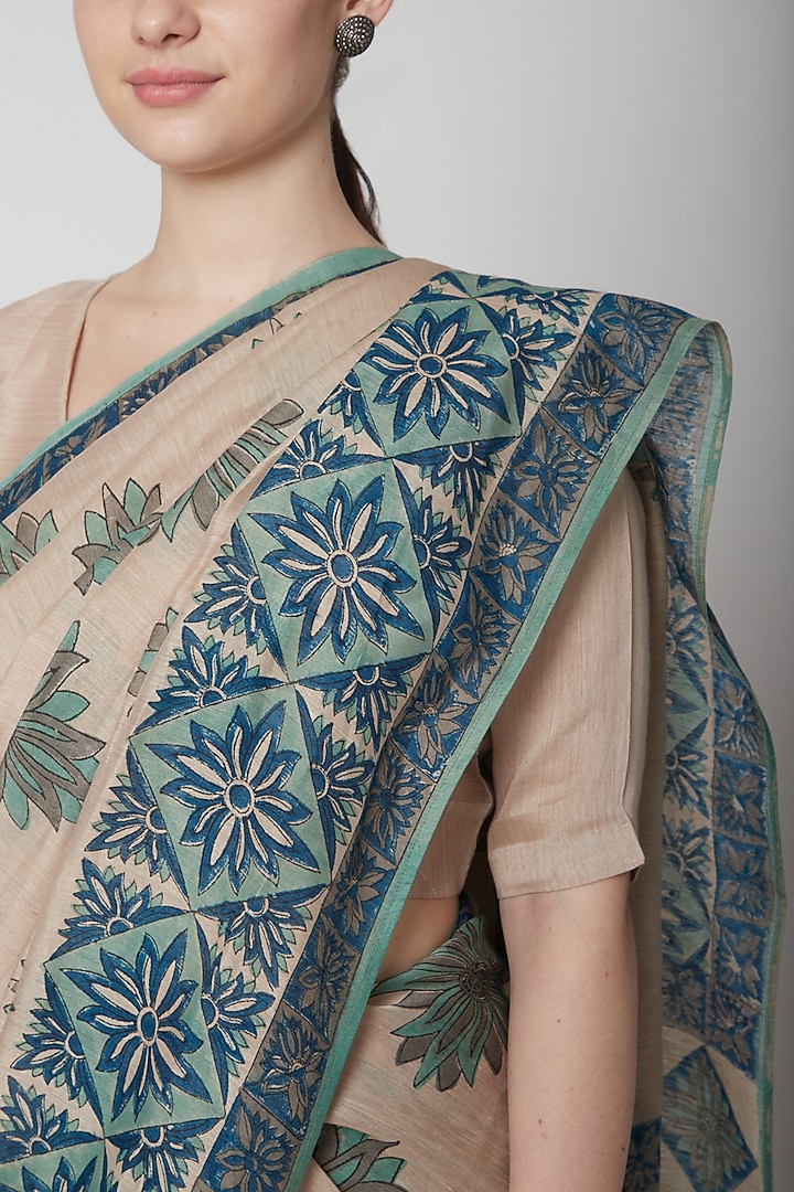 Ecru & Petrol Blue Silk Linen Floral Hand Block Printed Festive Saree by NAINA ARUNIMA at Pernia's Pop Up Shop
