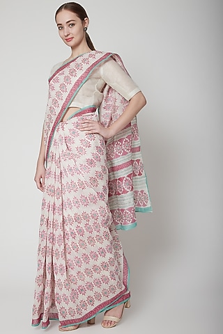 White & Pink Silk Linen Floral Hand Block Printed Saree by NAINA ARUNIMA
