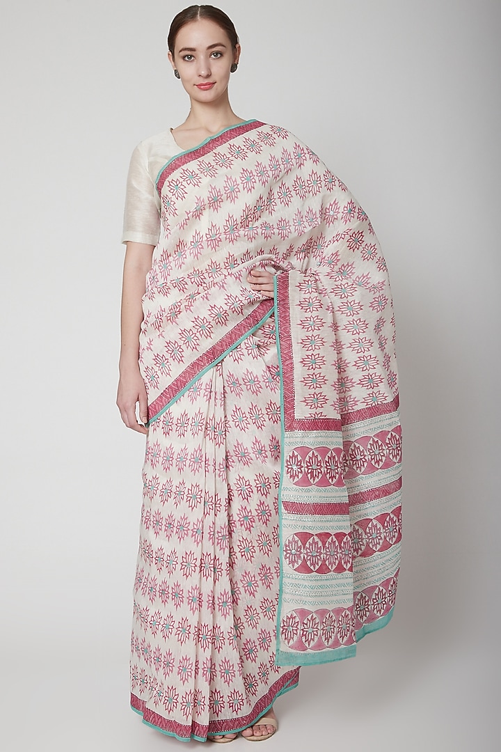 White & Pink Silk Linen Floral Hand Block Printed Festive Saree by NAINA ARUNIMA at Pernia's Pop Up Shop