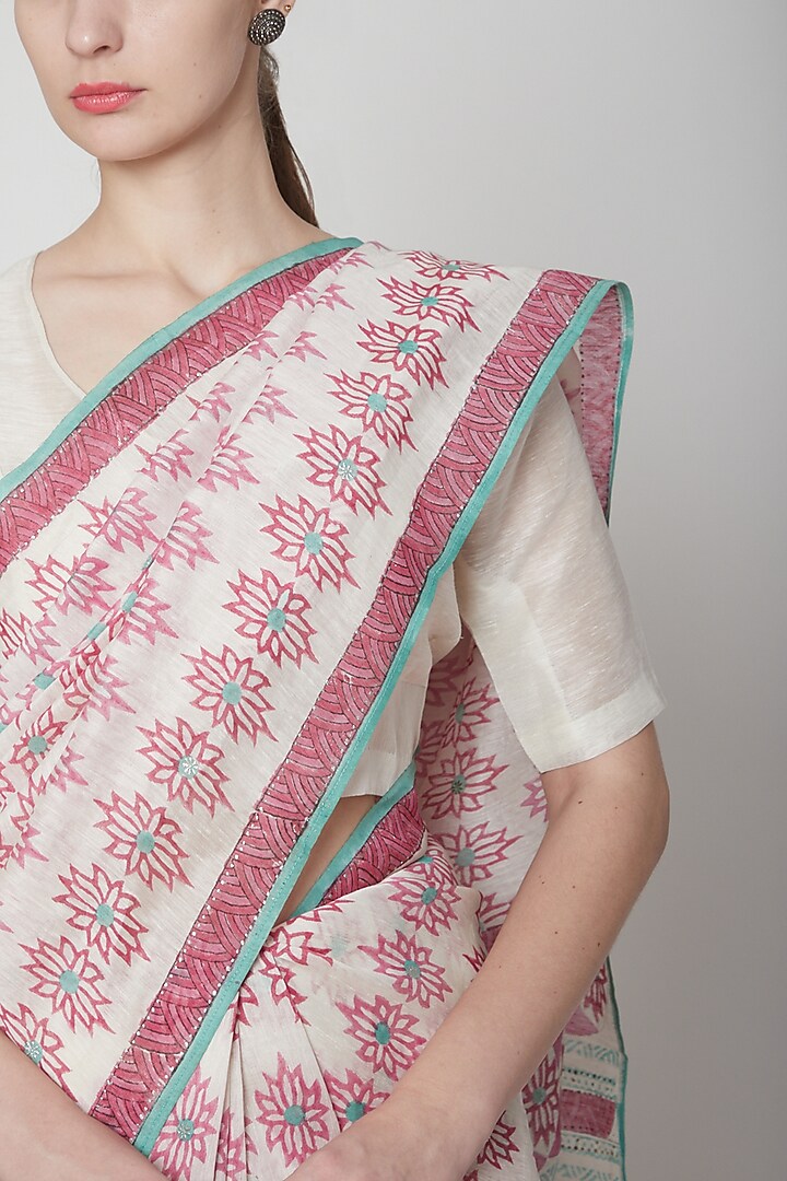 White & Pink Silk Linen Floral Hand Block Printed Festive Saree by NAINA ARUNIMA at Pernia's Pop Up Shop