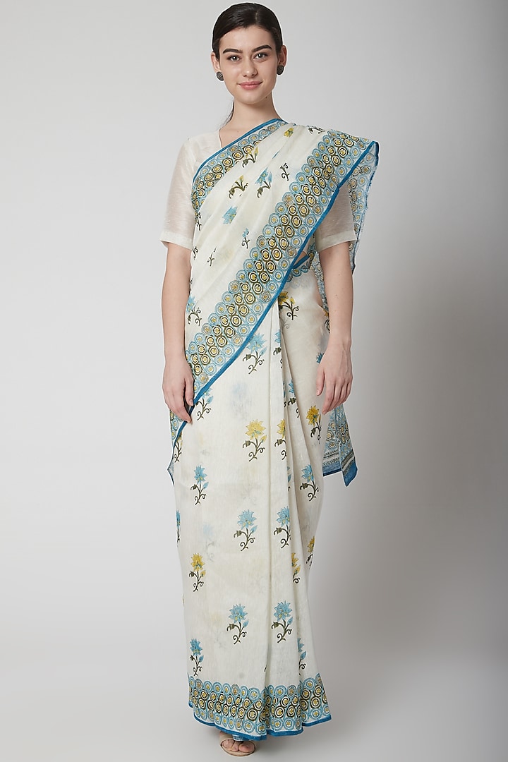 White & Turquoise Silk Linen Floral Hand Block Printed Saree by NAINA ARUNIMA