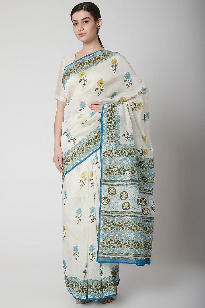 White & Turquoise Silk Linen Floral Hand Block Printed Festive Saree by NAINA ARUNIMA at Pernia's Pop Up Shop
