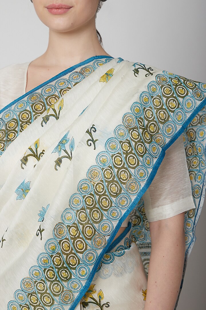 White & Turquoise Silk Linen Floral Hand Block Printed Festive Saree by NAINA ARUNIMA at Pernia's Pop Up Shop
