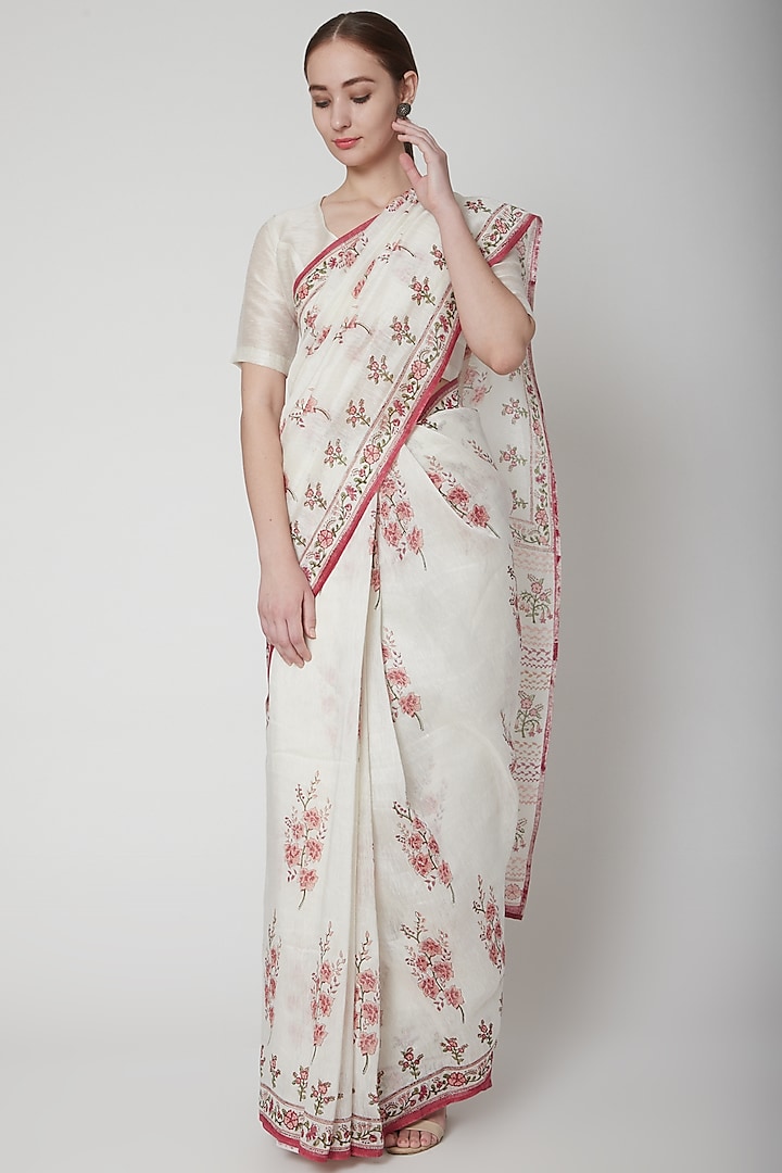White & Peach Silk Linen Floral Hand Block Printed Saree by NAINA ARUNIMA
