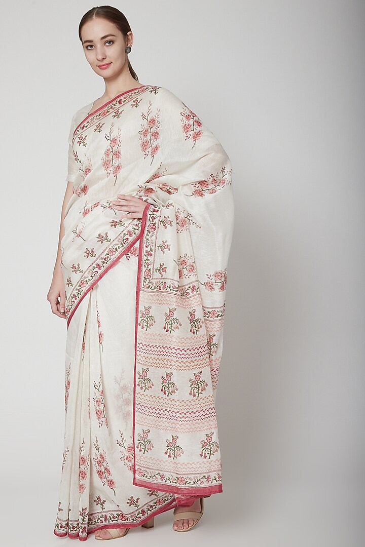 White & Peach Silk Linen Floral Hand Block Printed Festive Saree by NAINA ARUNIMA at Pernia's Pop Up Shop