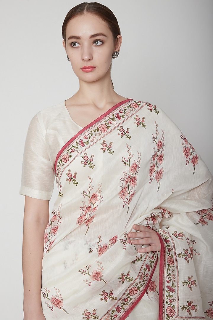 White & Peach Silk Linen Floral Hand Block Printed Festive Saree by NAINA ARUNIMA at Pernia's Pop Up Shop
