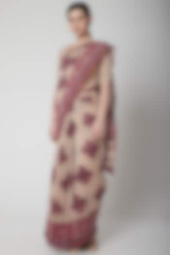 Ecru & Orchid Pink Silk Linen Floral Hand Block Printed Saree by NAINA ARUNIMA at Pernia's Pop Up Shop