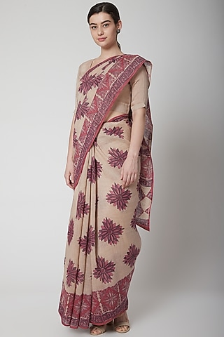 Ecru & Orchid Pink Silk Linen Floral Hand Block Printed Saree by NAINA ARUNIMA