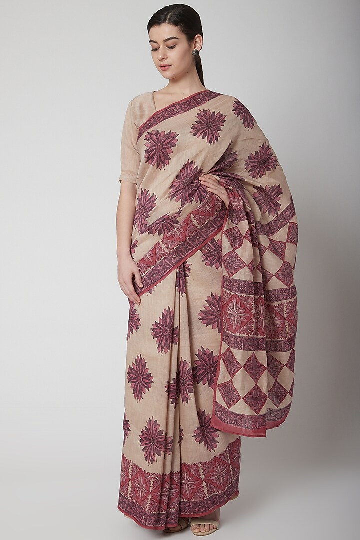 Ecru & Orchid Pink Silk Linen Floral Hand Block Printed Festive Saree by NAINA ARUNIMA at Pernia's Pop Up Shop