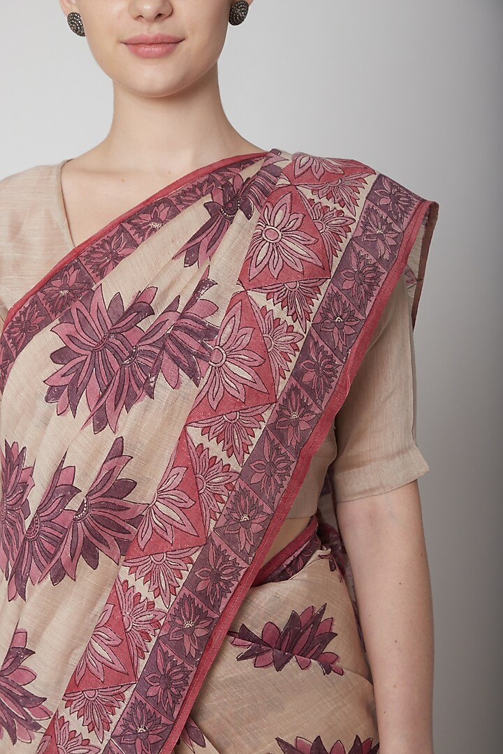 Ecru & Orchid Pink Silk Linen Floral Hand Block Printed Festive Saree by NAINA ARUNIMA at Pernia's Pop Up Shop
