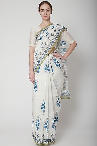 White & Blue Silk Linen Floral Hand Block Printed Saree by NAINA ARUNIMA