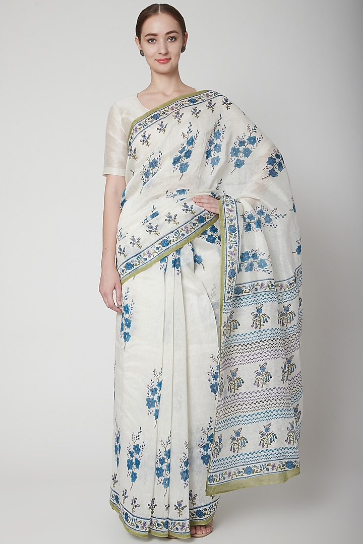 White & Blue Silk Linen Floral Hand Block Printed Festive Saree by NAINA ARUNIMA at Pernia's Pop Up Shop