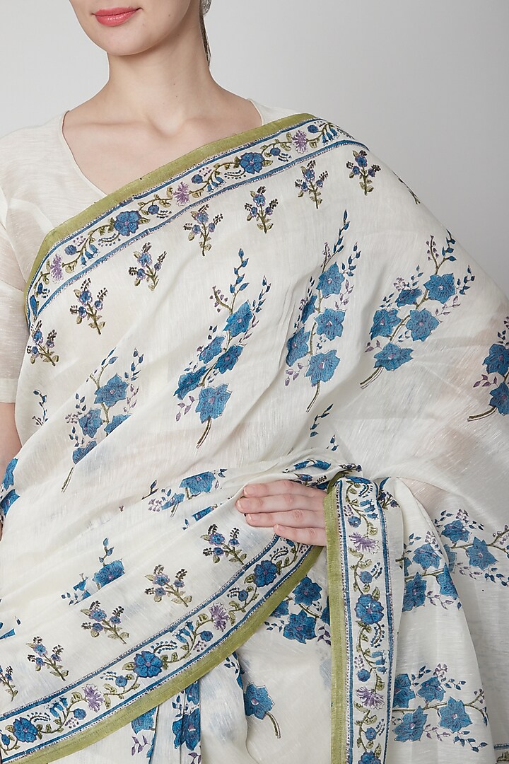 White & Blue Silk Linen Floral Hand Block Printed Festive Saree by NAINA ARUNIMA at Pernia's Pop Up Shop