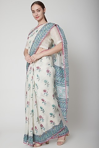 White & Sea Green Silk Linen Floral Hand Block Printed Saree by NAINA ARUNIMA