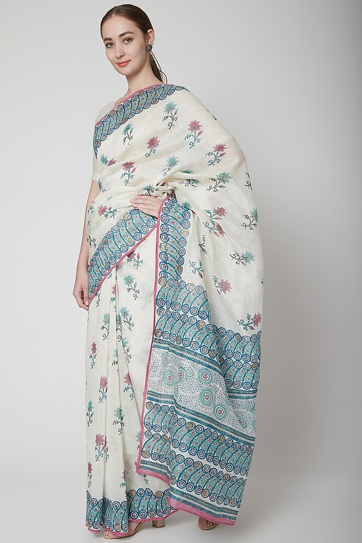 White & Sea Green Silk Linen Floral Hand Block Printed Festive Saree by NAINA ARUNIMA at Pernia's Pop Up Shop