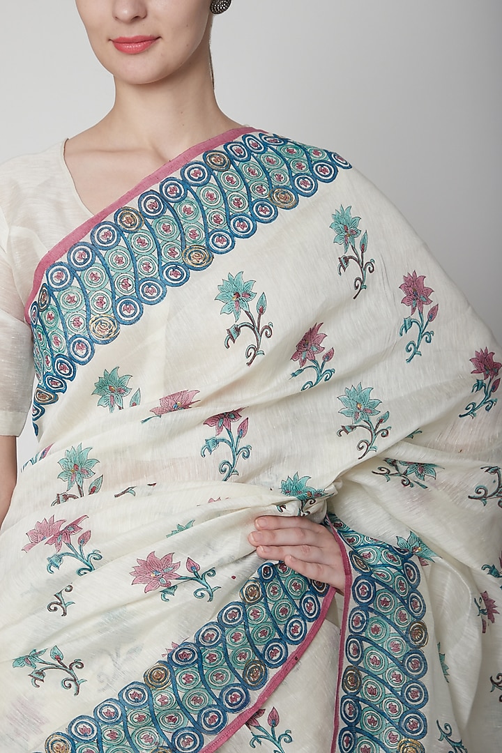 White & Sea Green Silk Linen Floral Hand Block Printed Festive Saree by NAINA ARUNIMA at Pernia's Pop Up Shop
