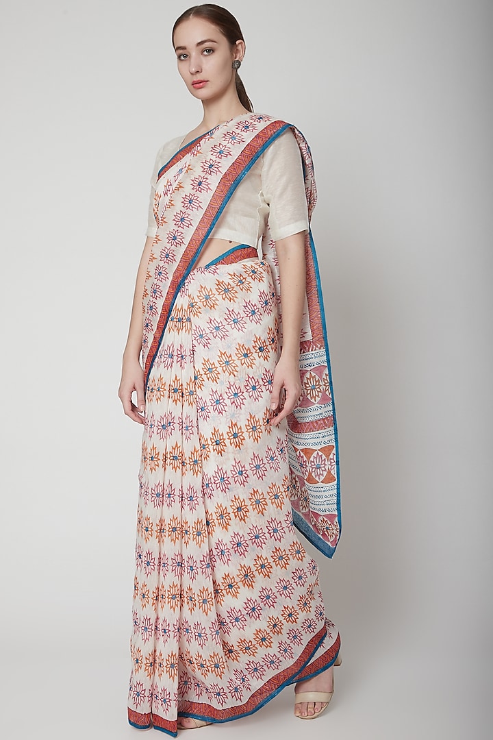 White & Red Silk Linen Hand Block Printed Saree by NAINA ARUNIMA at Pernia's Pop Up Shop