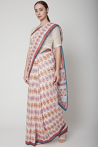 White & Red Silk Linen Hand Block Printed Saree by NAINA ARUNIMA