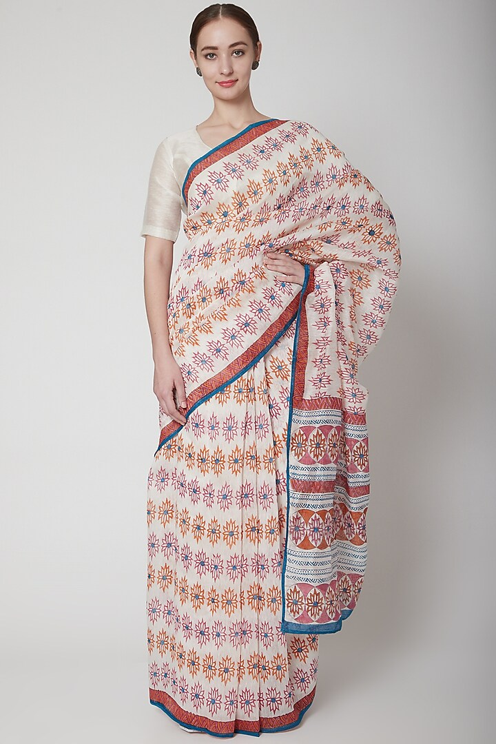 White & Red Silk Linen Hand Block Printed Festive Saree by NAINA ARUNIMA at Pernia's Pop Up Shop