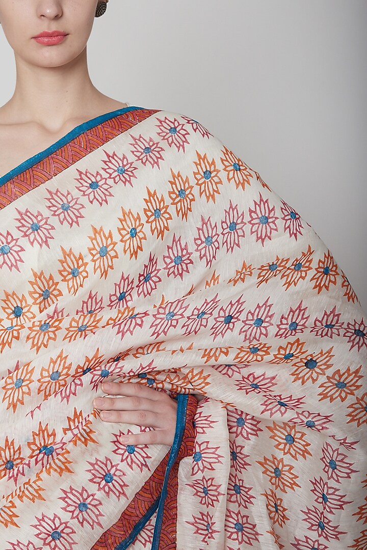 White & Red Silk Linen Hand Block Printed Festive Saree by NAINA ARUNIMA at Pernia's Pop Up Shop