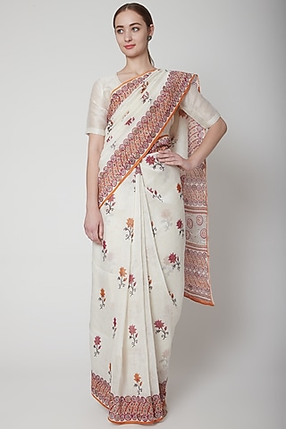 White & Red Silk Linen Floral Hand Block Printed Saree by NAINA ARUNIMA