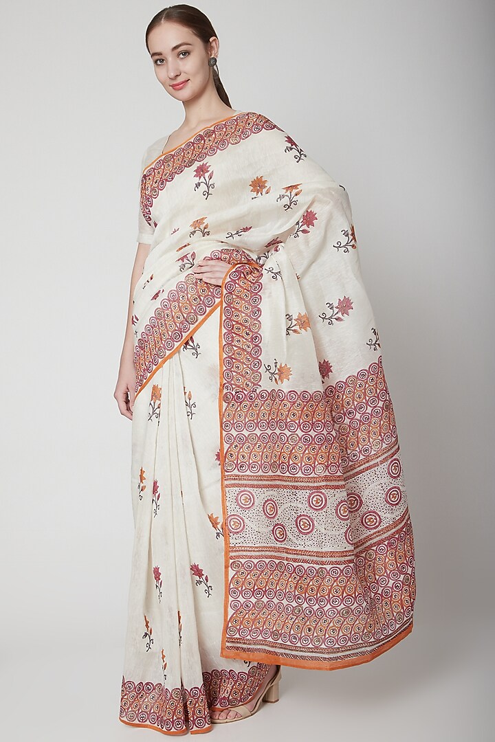 White & Red Silk Linen Floral Hand Block Printed Festive Saree by NAINA ARUNIMA at Pernia's Pop Up Shop