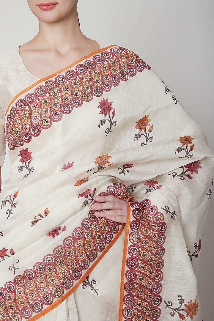 White & Red Silk Linen Floral Hand Block Printed Festive Saree by NAINA ARUNIMA at Pernia's Pop Up Shop