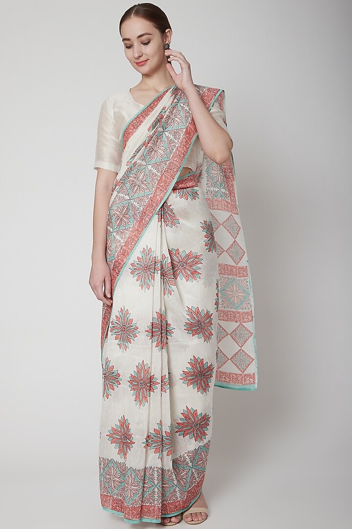 White & Coral Silk Linen Floral Hand Block Printed Saree by NAINA ARUNIMA