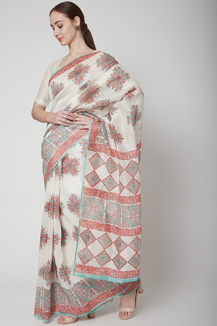 White & Coral Silk Linen Floral Hand Block Printed Festive Saree by NAINA ARUNIMA at Pernia's Pop Up Shop