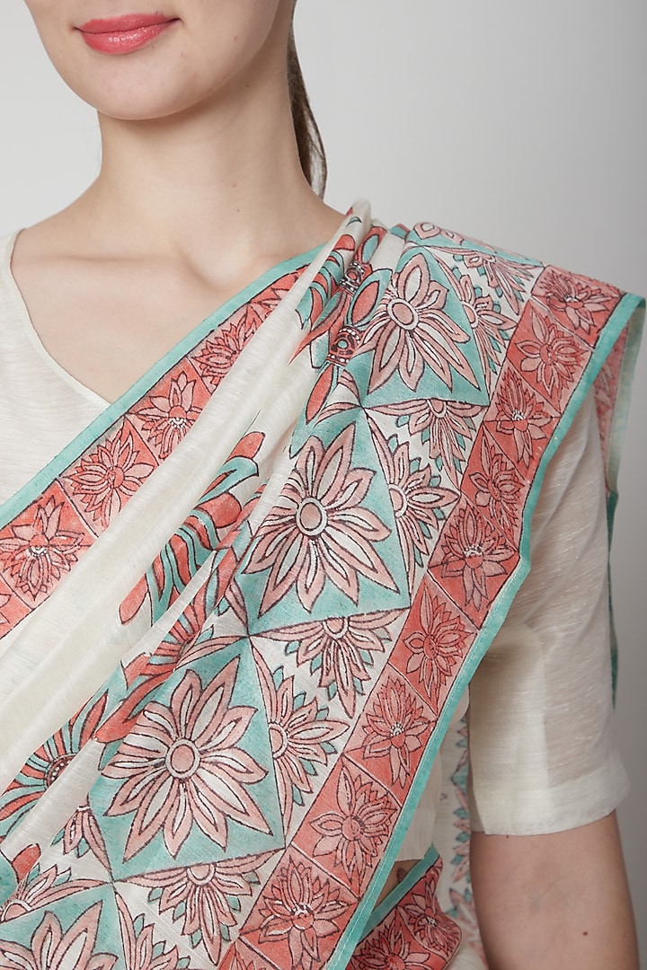 White & Coral Silk Linen Floral Hand Block Printed Festive Saree by NAINA ARUNIMA at Pernia's Pop Up Shop