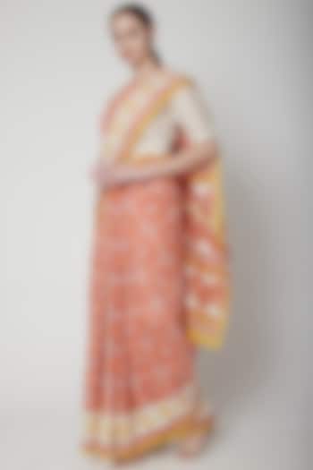Orange & Coral Silk Linen Hand Block Printed Saree by NAINA ARUNIMA