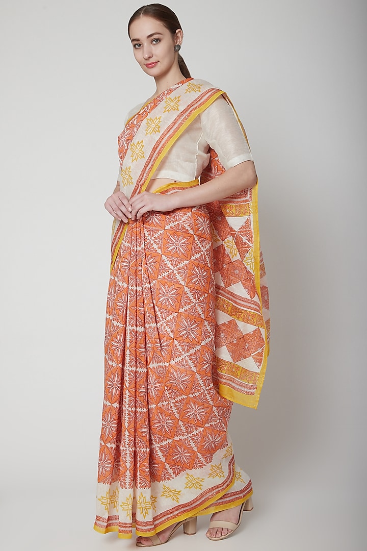 Orange & Coral Silk Linen Hand Block Printed Saree by NAINA ARUNIMA