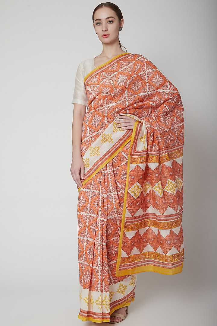 Orange & Coral Silk Linen Hand Block Printed Festive Saree by NAINA ARUNIMA at Pernia's Pop Up Shop