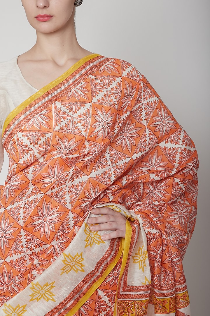 Orange & Coral Silk Linen Hand Block Printed Festive Saree by NAINA ARUNIMA at Pernia's Pop Up Shop