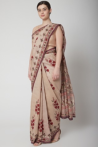 Ecru & Red Silk Linen Floral Hand Block Printed Saree by NAINA ARUNIMA