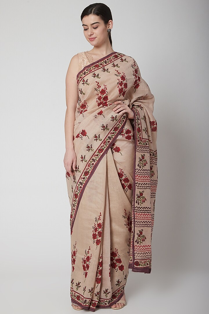 Ecru & Red Silk Linen Floral Hand Block Printed Festive Saree by NAINA ARUNIMA at Pernia's Pop Up Shop