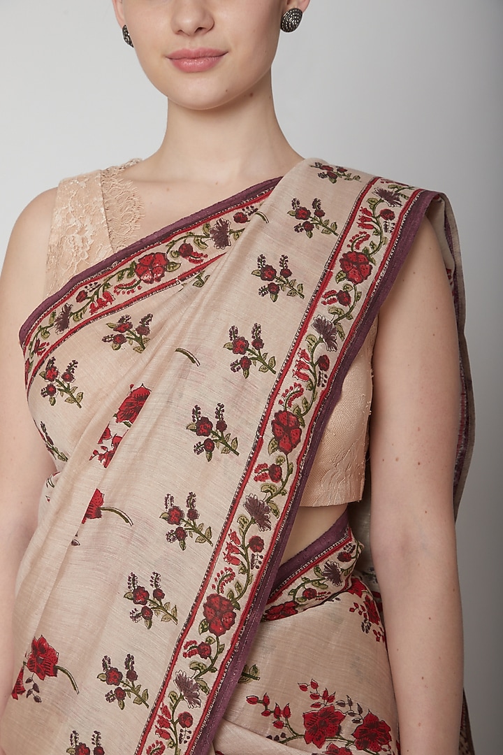 Ecru & Red Silk Linen Floral Hand Block Printed Festive Saree by NAINA ARUNIMA at Pernia's Pop Up Shop