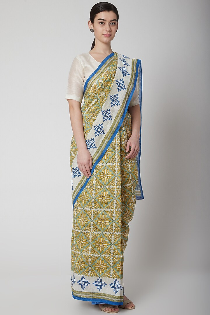 Aqua Blue & Yellow Silk Linen Floral Hand Block Printed Saree by NAINA ARUNIMA