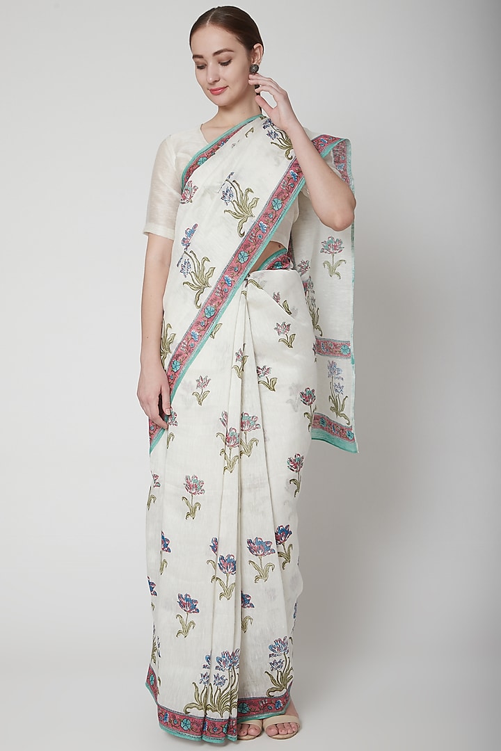 White & Sea Green Silk Linen Floral Hand Block Printed Saree by NAINA ARUNIMA